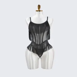 Black Sheer Fringe Corset Panty Set