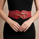 Women's Elastic Wide Waist Belt with Curved Gold Buckle T-54