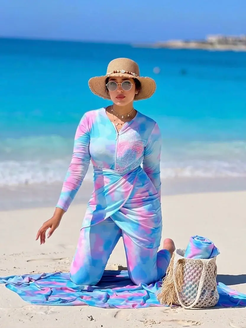 Blue & Pink Tie-Dye Burkini Set with Sarong