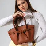 Belted Pebbled Hand Bag - camel