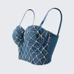 Rhinestone Denim Corset Top Underwire Bustier Spaghetti Strap Crop Top