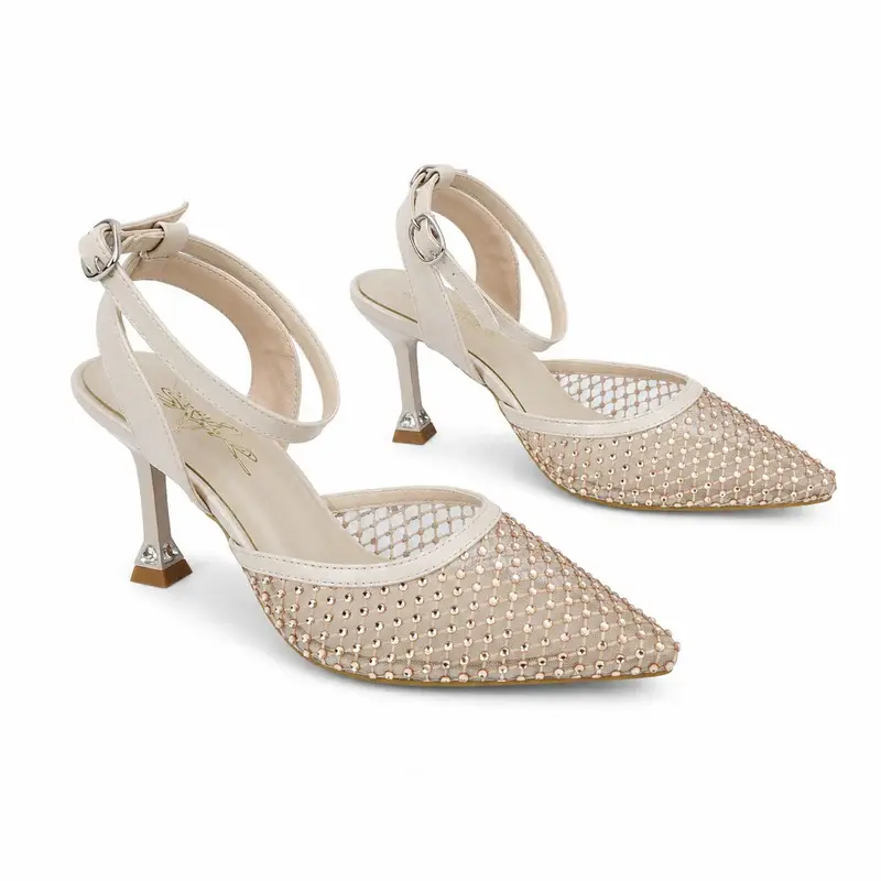 White Rhinestone Mesh Slingback Heels C-131