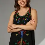 Sleeveless Black Maxi Dress with Colorful Geometric Embroidery