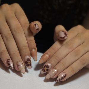 10pcs almond-shaped with brown&flower nails