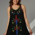 Sleeveless Black Maxi Dress with Colorful Geometric Embroidery