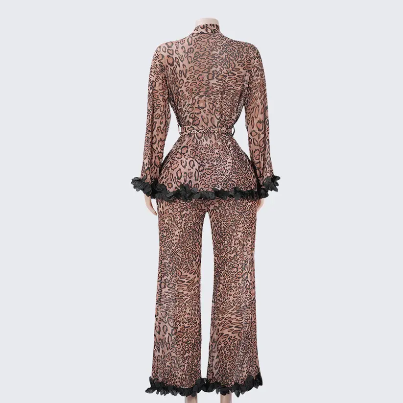 Leopard Contrast Cuffs 2 Piece Silky Pajama Set