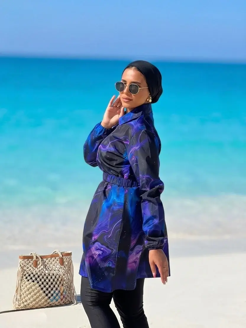 Galaxy Purple Zip Burkini Tunic & Black Leggings Set