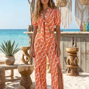 Orange and White Chain Print top&Pants Set.