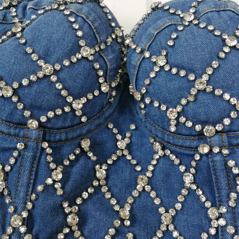 Rhinestone Denim Corset Top Underwire Bustier Spaghetti Strap Crop Top