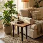 Solid Wood Live Edge Accent Table with Tapered Mid-Century Legs