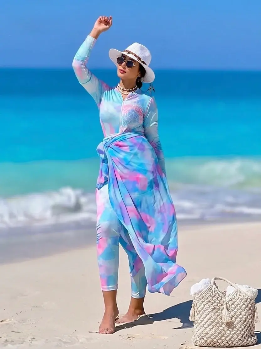 Blue & Pink Tie-Dye Burkini Set with Sarong