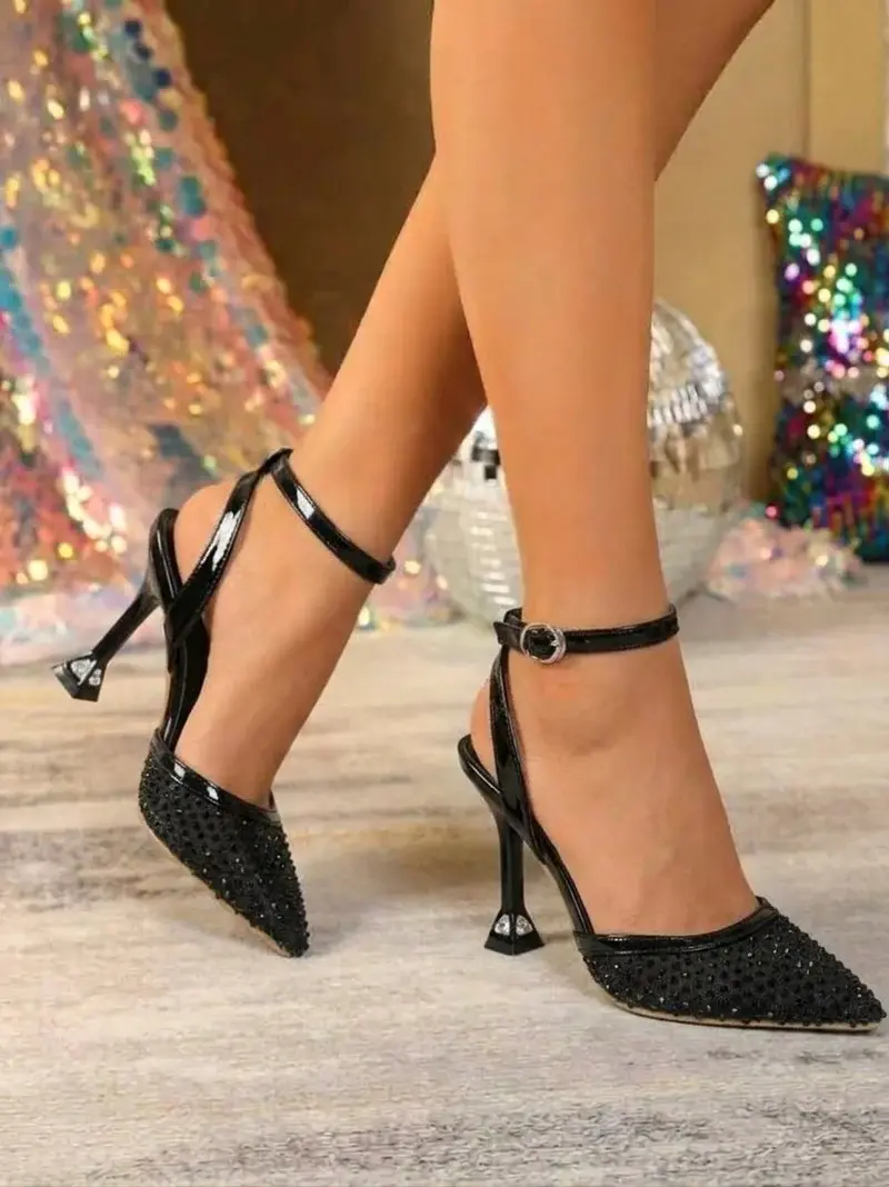 White Rhinestone Mesh Slingback Heels C-131