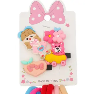 Kids Hair Accessory Set with Cartoon Clips & Colorful Hair Ties – F-4