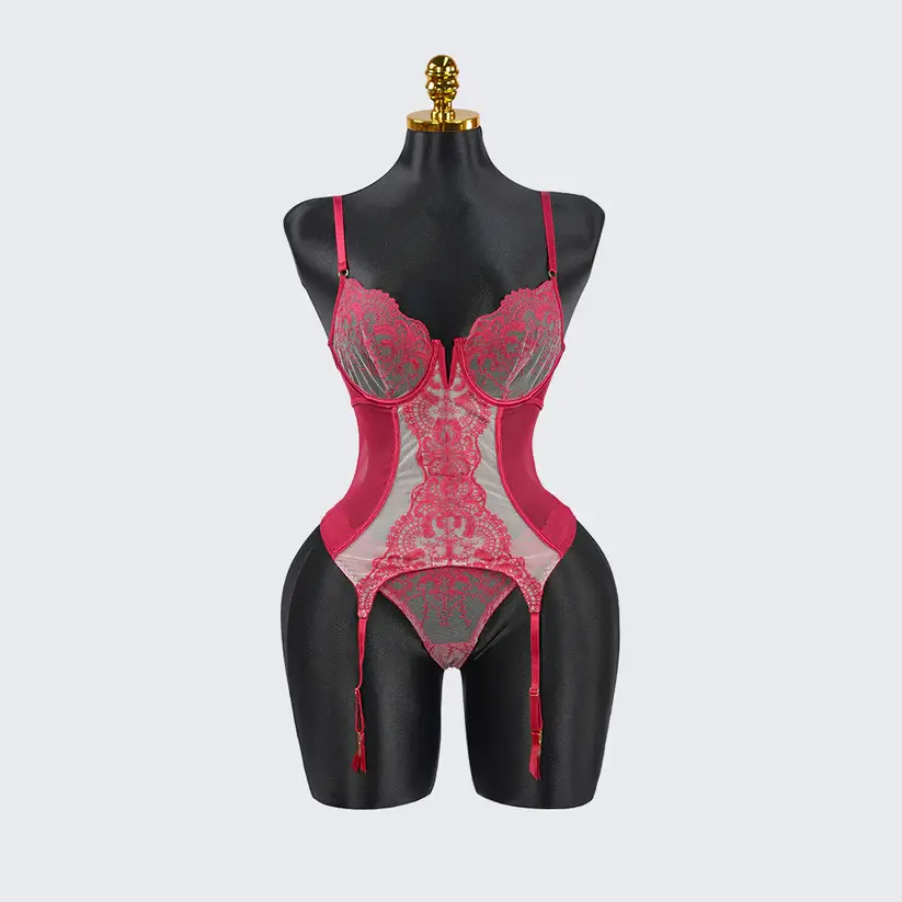 Lace Floral Embroidered Bodysuit Gloves Set