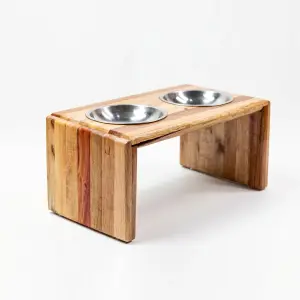 Modern Boho Wooden Pet Bowl Holder – Water-Resistant Raised Feeder for Cats and Small Dogs