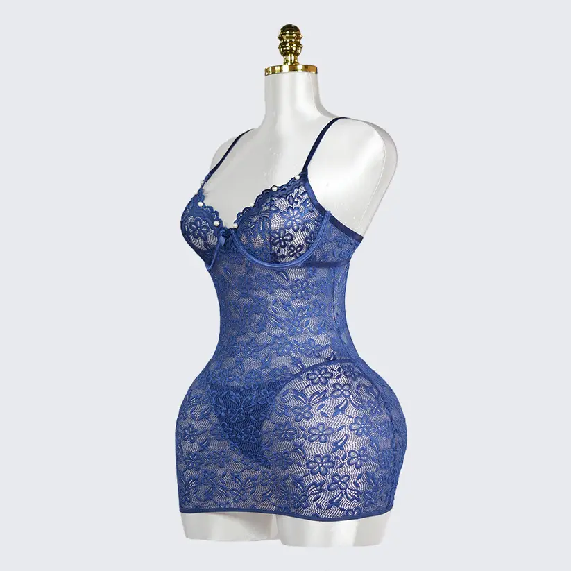 Blue Lace Floral Embroidery See-through Beaded Chemises