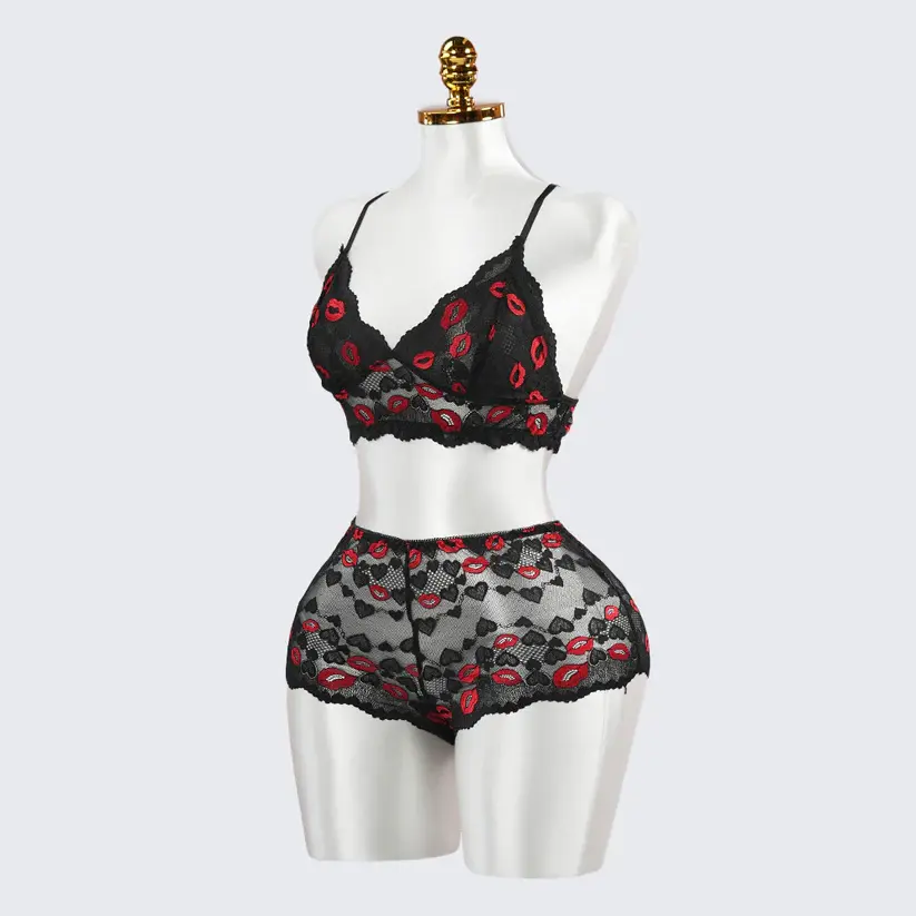 Black Lace Embroidery Sexy Bra Panty Set