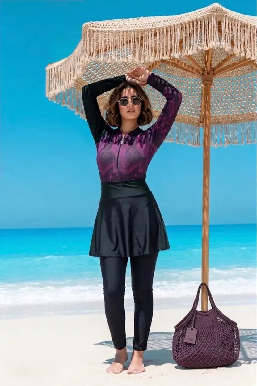 Purple Marble Burkini Set with Sarong & Skirt
