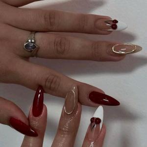10pcs medium-length almond-shaped wine red&pink cherry french nails
