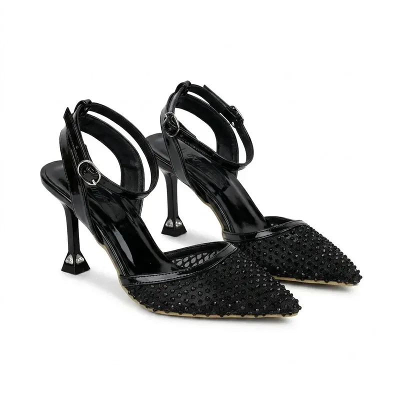 White Rhinestone Mesh Slingback Heels C-131