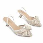 Pointed Toe Lace Heels with Pearl Embellished Bow C-132