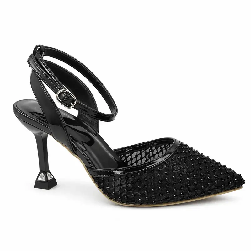 White Rhinestone Mesh Slingback Heels C-131