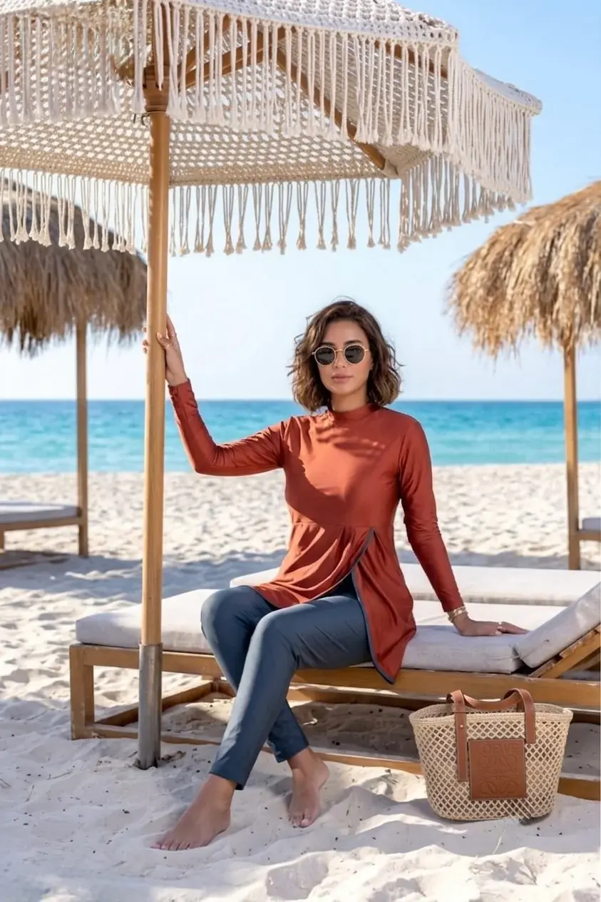 Rust Modest Swimwear Top & Grey Leggings Set
