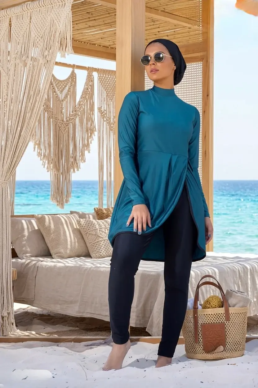 Teal Modest Swimwear Tunic & Black Leggings Set