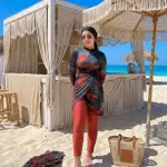 Dark Red & Black Tie-Dye Burkini Set with Sarong