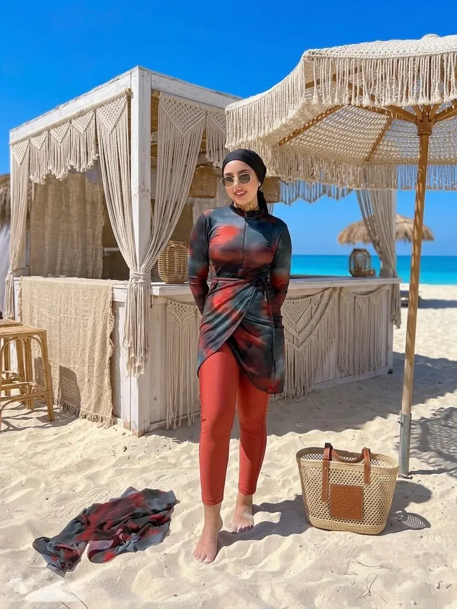 Dark Red & Black Tie-Dye Burkini Set with Sarong