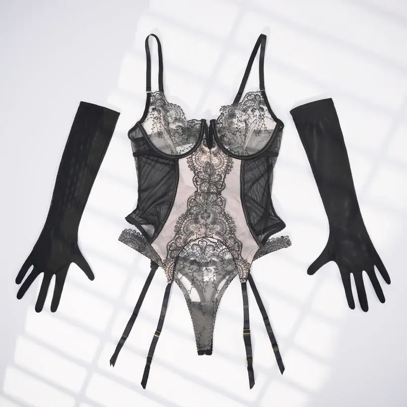 Lace Floral Embroidered Bodysuit Gloves Set