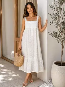 White Daisy Embroidered Cotton Dress