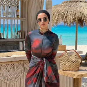 Dark Red & Black Tie-Dye Burkini Set with Sarong