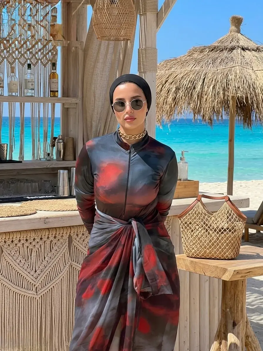 Dark Red & Black Tie-Dye Burkini Set with Sarong