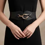 Women's Elastic Wide Waist Belt with Curved Gold Buckle T-54