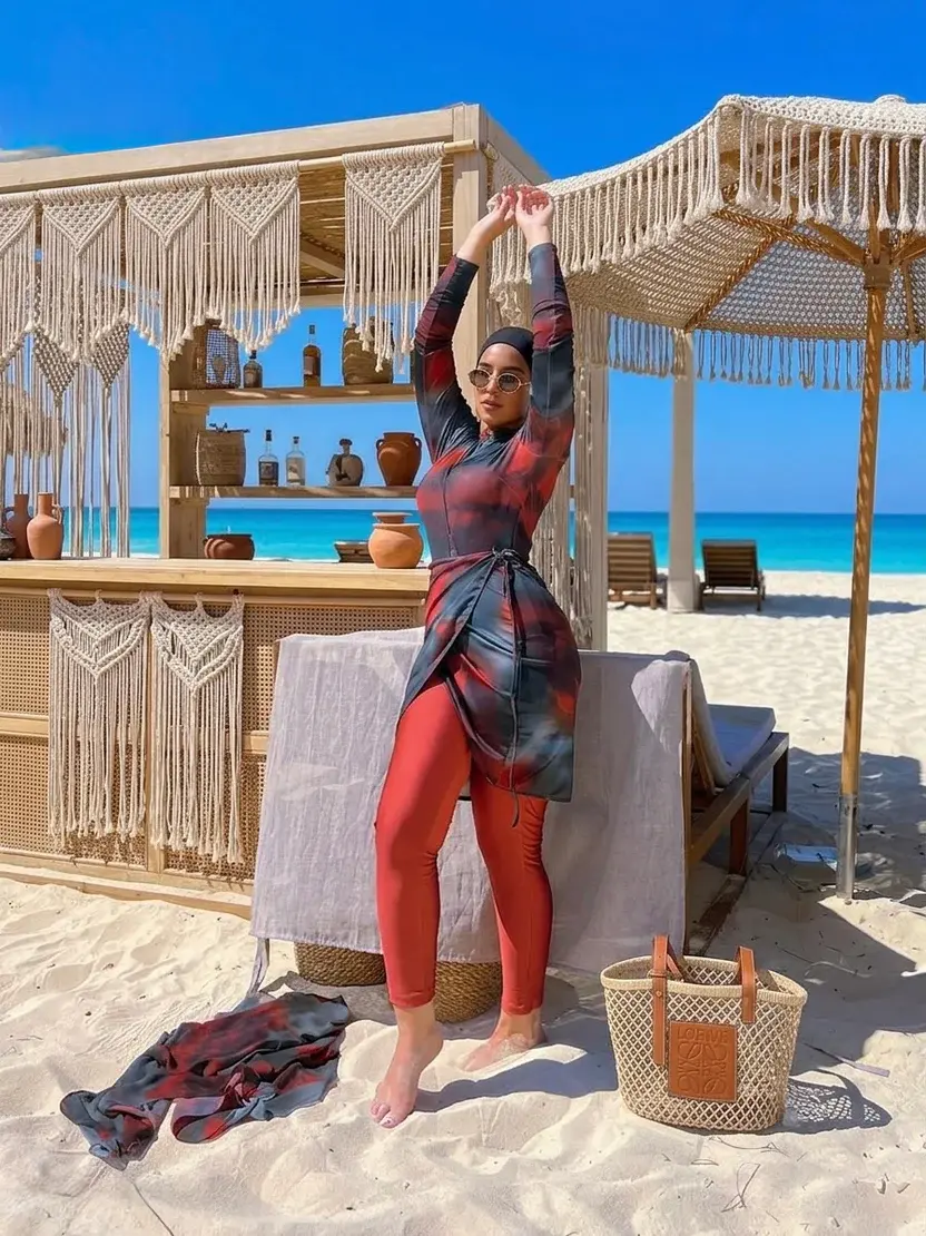 Dark Red & Black Tie-Dye Burkini Set with Sarong