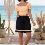 Peach Eyelet Crop Top & Black Trim Shorts Set