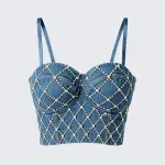 Rhinestone Denim Corset Top Underwire Bustier Spaghetti Strap Crop Top