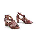 Leather Block Heel Sandals – Perforated Design - C-69