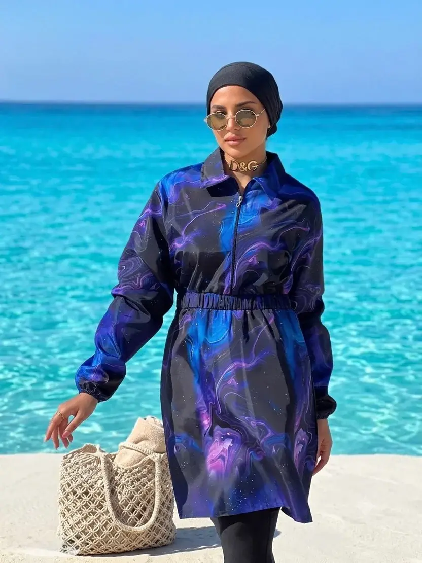 Galaxy Purple Zip Burkini Tunic & Black Leggings Set