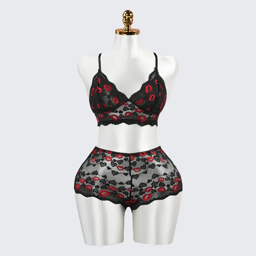 Black Lace Embroidery Sexy Bra Panty Set