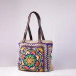 Handmade Crochet Granny Square Tote Bag with Mandala Design & Leather Handles