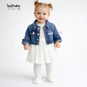 طقم خروج بناتي ٣ قطع ،فستان وجاكيت جينز وكولون