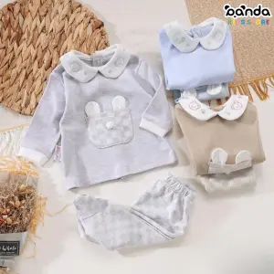 طقم مواليد ٧ قطع قطيفة مبطن شتوي ، دبدوب مخطط من السندباد، هدية