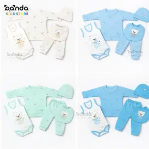 طقم مواليد ٥ قطع قطن ، بيجامة كم وسلوبيت كات داخلي وطاقية وبافيتا، دبدوب فيونكة little bear