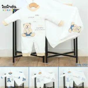 طقم مواليد ٣ قطع قطن ، اقتصادي للمستشفى والسبوع ، كوفرتة وسلوبيت وطاقية ، دبدوب بيبرونة