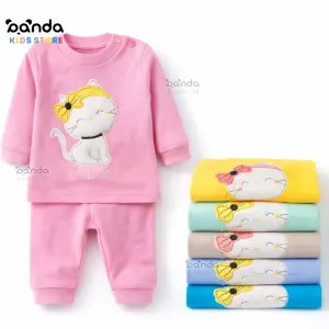 بيجامة بيتي قطن 0-6 شهور بازرار عند الرقبة لسهولة اللبس ، قطة فيونكة