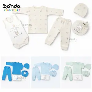 طقم مواليد ٥ قطع قطن ، بيجامة كم وسلوبيت كات داخلي وطاقية وبافيتا، فيل بلونة