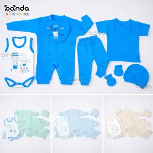 طقم مواليد ٧ قطع قطن ، سلوبيت كم وبيجامة نص كم وسلوبيت كات داخلي وطاقية وبافيتا وجوانتي ، دبدوب منطاد