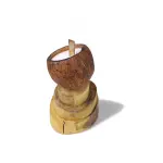 Coconut Shell Candle with Wooden Wick on Stacked Wood Base